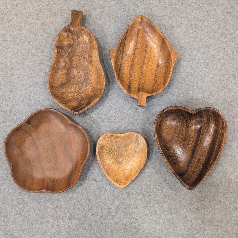 Royal Acacia Monkey Pod Wood Trinket Dish Set 5pc Heart Leaf Pear Philippines - Picture 1 of 4